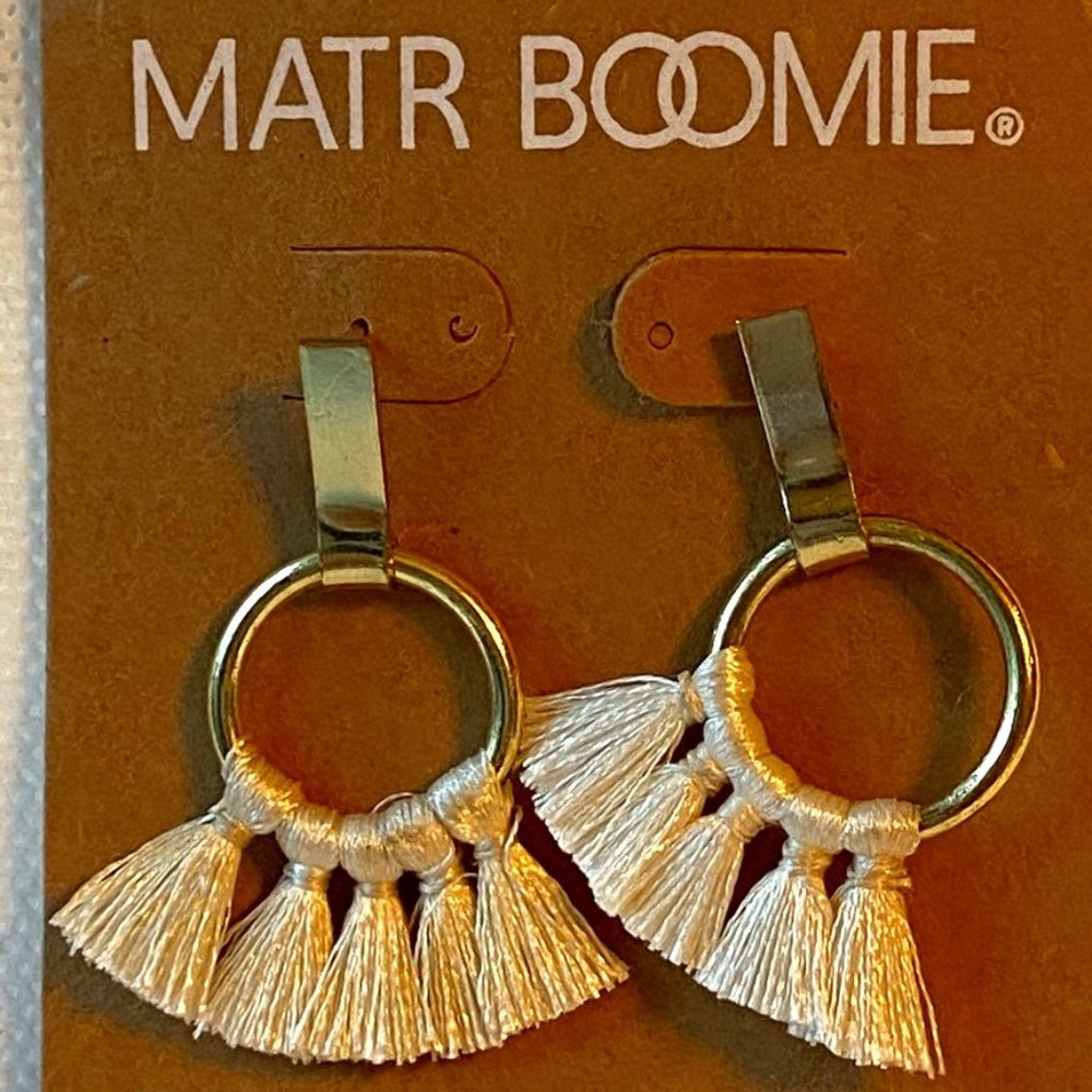 Matr Boomie Gold Hoop Earrings with White Tassels